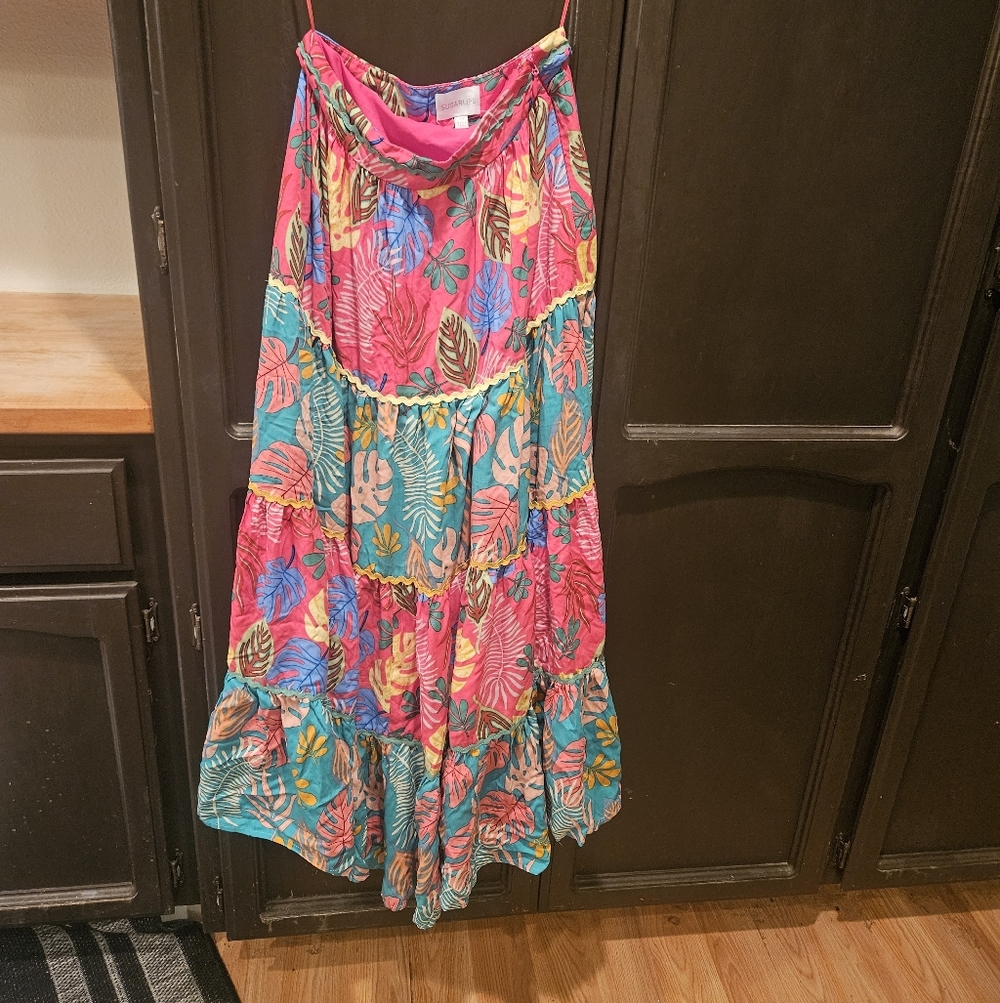 Host Pick! EUC Sugarlips LinedTiered Tropical Maxi Skirt Rickrack Trim Worn 1x